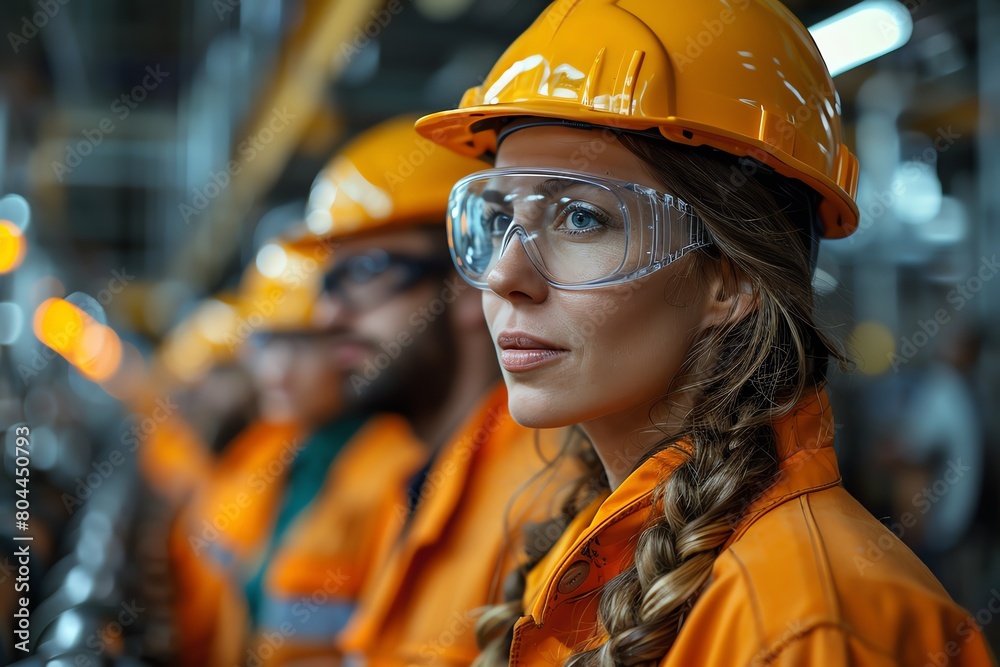 group of diverse engineers in safety gear examining production line machinery, clean industrial environment, medium shot, photo-realistic group of diverse engineers in safety gear examining production line machinery, clean industrial environment, medium shot, photo-realistic