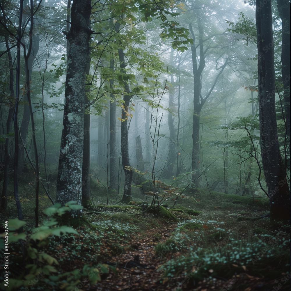 Mystical Foggy Forest Path in Twilight
