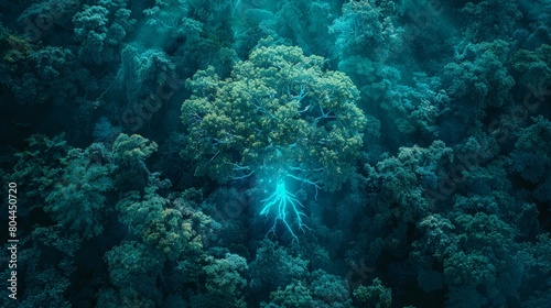 neon tree in the midst of a dense forest of lush green and neon blue
