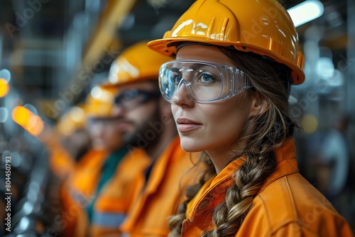 group of diverse engineers in safety gear examining production line machinery, clean industrial environment, medium shot, photo-realistic