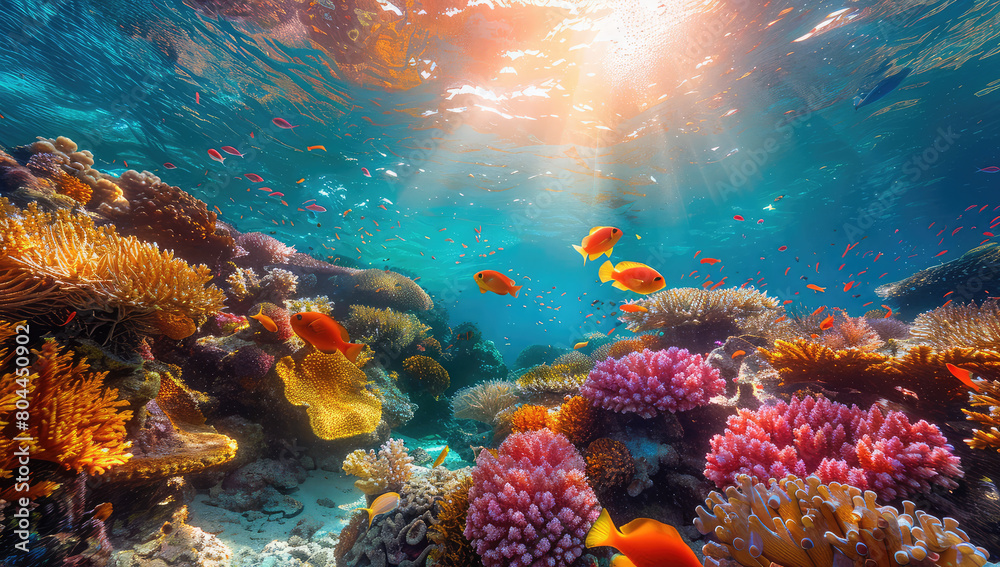 A vibrant coral reef teeming with colorful marine life, showcasing the beauty of the underwater world. Created with Ai