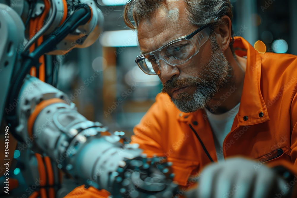 Industrial engineers adjusting robot arm in factory, muted tones, medium shot, soft natural lighting,