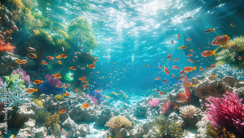 A vibrant coral reef teeming with colorful marine life  showcasing the beauty of underwater landscapes and highlighting World Wildlife Day. Created with Ai