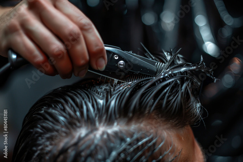 Close up of hairdresser with clippers styling a hairstyle for a man in a salon,