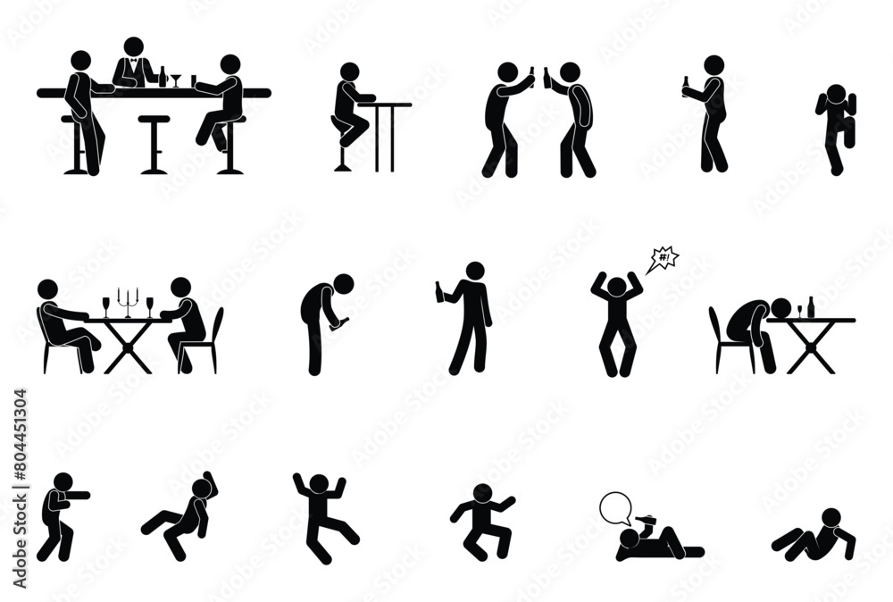 stick figure man, alcohol icon, drunk people resting, alcoholism pictogram isolated, stickman set
