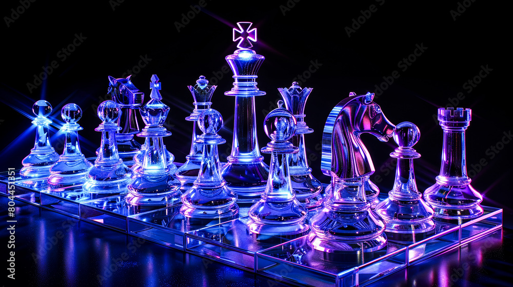 Elegant Glass Chess Set on Reflective Board. Elegant Glass Chess Set on Reflective Board.