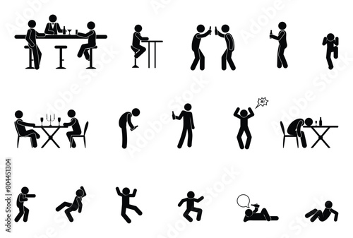 stick figure man, alcohol icon, drunk people resting, alcoholism pictogram isolated, stickman set photo