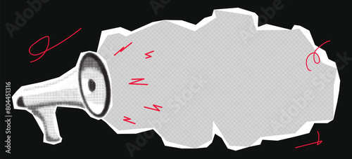 Halftone loudspeaker, trendy retro collage, vintage megaphone for announcing promotion.  loudspeaker with halftone elements. Vector illustration, pop art composition banner.