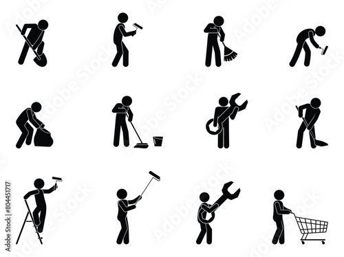 stick figure man, worker profession icon, isolated stickman pictograms with work tools