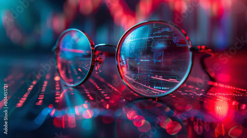 A pair of glasses with reflective lenses on a digitally themed surface, highlighting a concept of focus, clarity, and data analysis in a technology context.