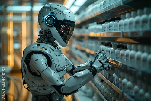 Pharmaceutical factory with sterile environments, robotic pharmacists formulating drugs, futuristic technology in healthcare photo