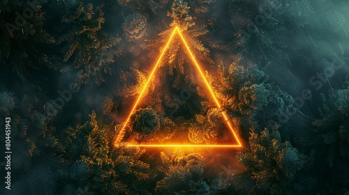 neon triangle standing out in the midst of a dense forest, of orange and yellow