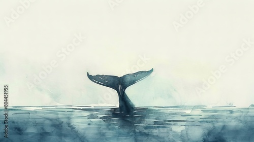 Minimalist watercolor depicting a whale's tail peeking above the water's surface, the simplicity of the image fostering a peaceful and dreamy atmosphere © Alpha