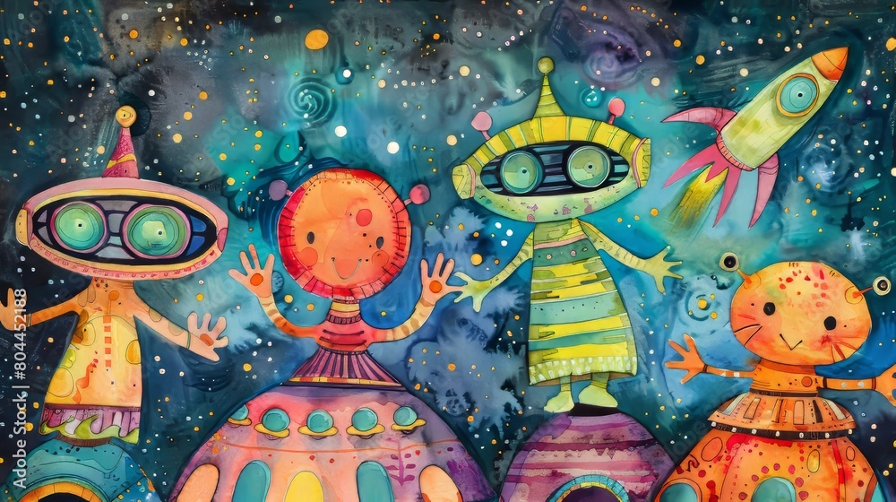 Playful watercolor depicting friendly aliens waving from their vibrant spaceships, combining fun and fantasy in a child's space-themed room