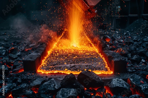 Steel factory with molten metal pouring, robotic arms handling the forging, dramatic lighting and sparks photo