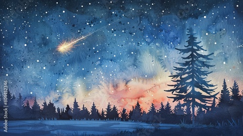 Playful watercolor of a night sky filled with stars and a bright meteor streaking past, ideal for a child's room to inspire dreams of space photo