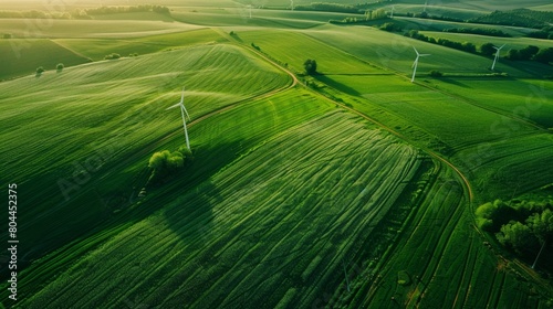 windmills in a green field, aerial view. copy space. green ecology landscape background 