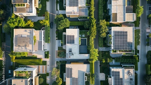 An aerial view of a modern housing development, each house with unique architectural style and prominent solar panel arrays