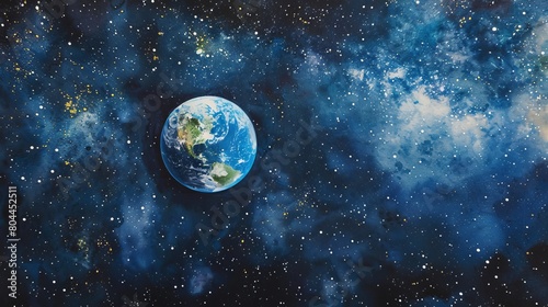 Serene watercolor of Earth viewed from space  surrounded by a peaceful expanse of stars  fostering a sense of wonder and the vastness of our universe