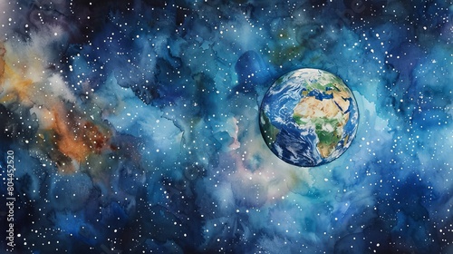 Serene watercolor of Earth viewed from space, surrounded by a peaceful expanse of stars, fostering a sense of wonder and the vastness of our universe