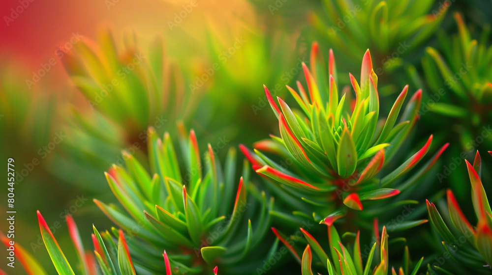Close up of vibrant green pine needle leaves with red edges
