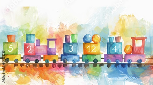 Gentle watercolor of a train where each carriage features a different number and corresponding set of objects to count, encouraging early math skills photo
