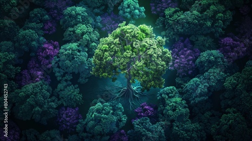 glowing neon tree standing out amidst a dense forest of vibrant green and neon purple