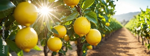 Lemon tree with yellow lemons on the branch in lemon farm field selective focus.Healthy food concept organic fruits and vegetables.