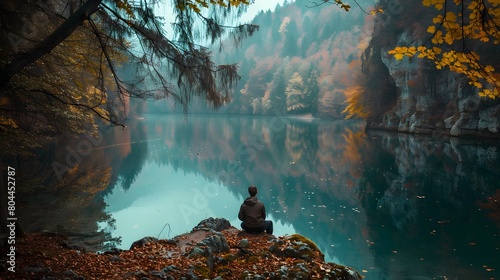 person sitting on a rock relaxing at a calm lake