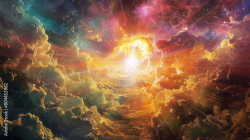 A visionary depiction of Revelation 21-22, showing a radiant new heaven and a new earth emerging from the celestial realm, with divine light cleansing and renewing the cosmos. 