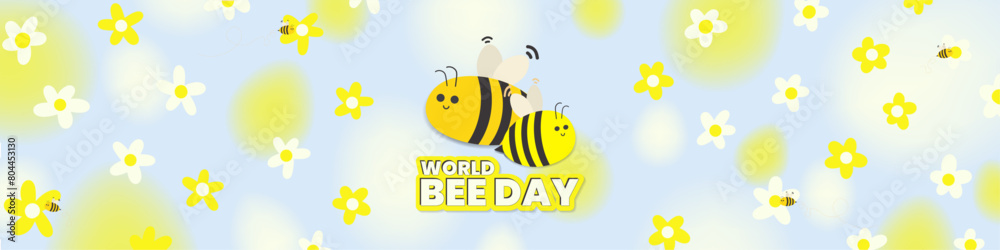 Obraz premium Long Panorama of a World Bee Day Greeting Artwork. Two flying cartoon bees on a cute and colorful floral background. Floating white and yellow flowers with flying honey bees. Celebrated on May 20. 