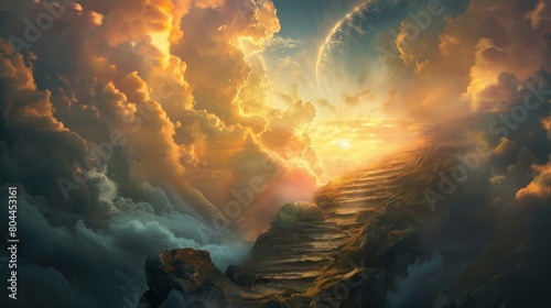 A stairway to heaven with clouds and light