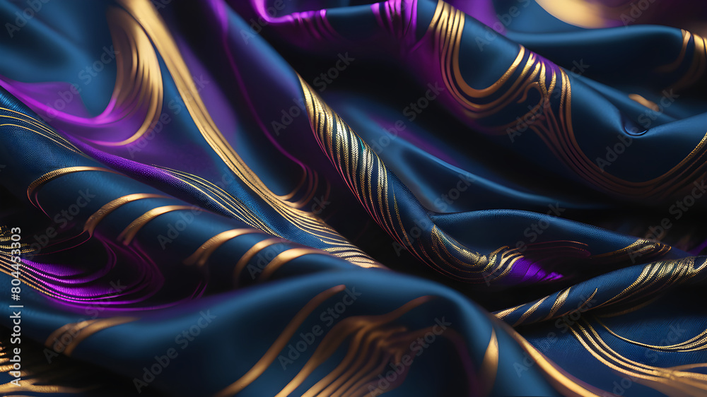 Fototapeta premium Blue and Gold Fabric in Wavy Abstract Background