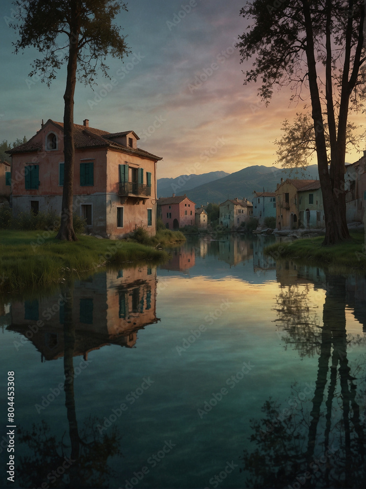 Tranquil Lakeside Retreat with Roof House at Sunset Tranquil Lakeside Retreat with Roof House at Sunset