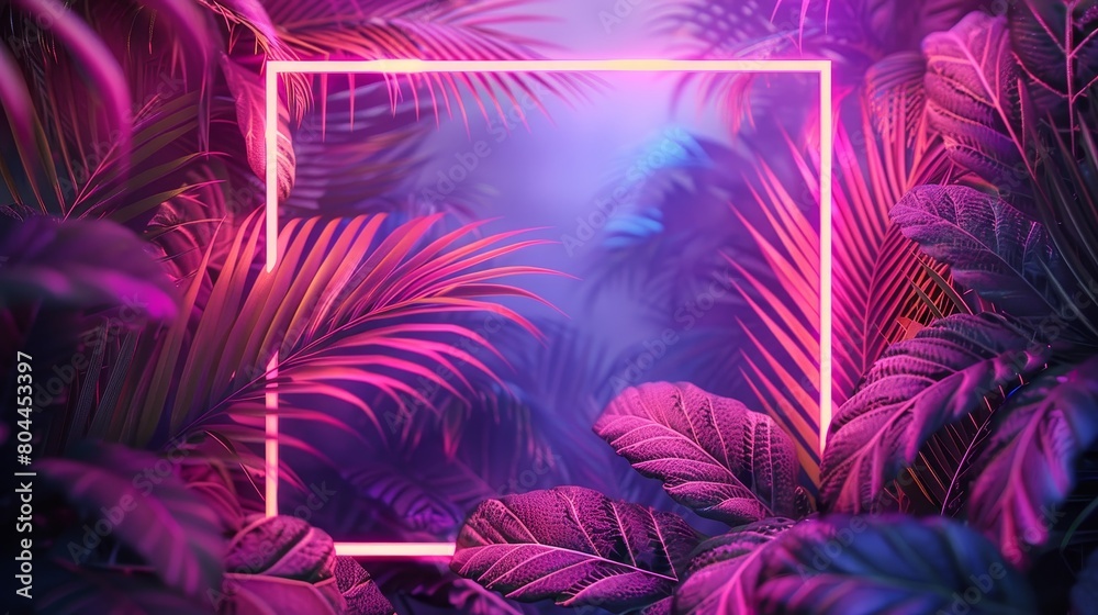 tropical palm leaves in shades of pink, purple, and blue, forming a glowing square frame