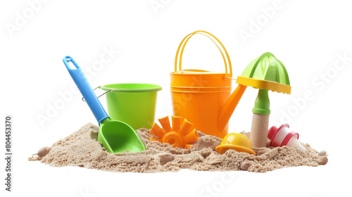 Vibrant Beach Toy Set Against White Backdrop, Summer Fun Essentials for Kids © JIALU