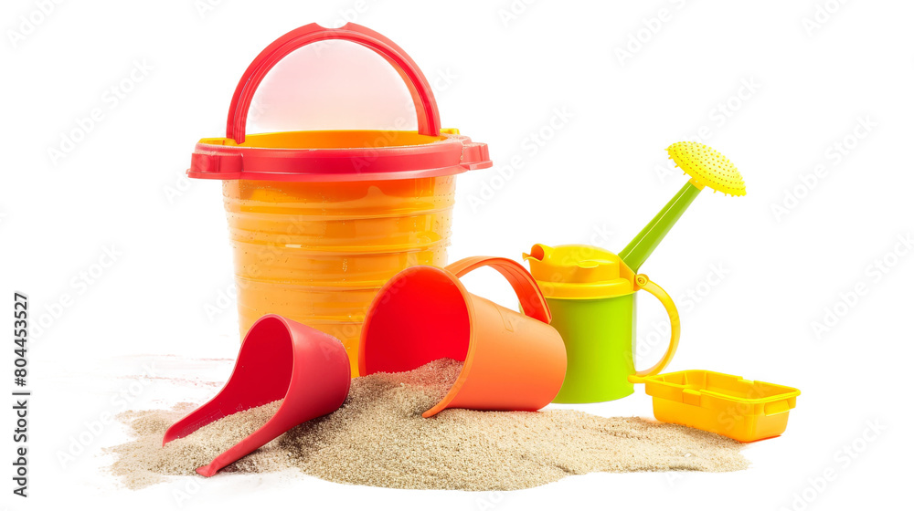 Vibrant Beach Toy Set Against White Backdrop, Summer Fun Essentials for Kids Vibrant Beach Toy Set Against White Backdrop, Summer Fun Essentials for Kids