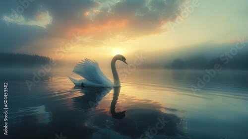 A swan is swimming in a lake at sunrise