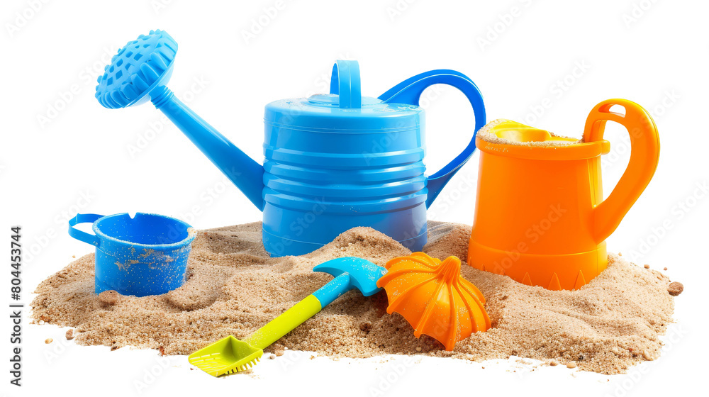 Vibrant Beach Toy Set Against White Backdrop, Summer Fun Essentials for Kids