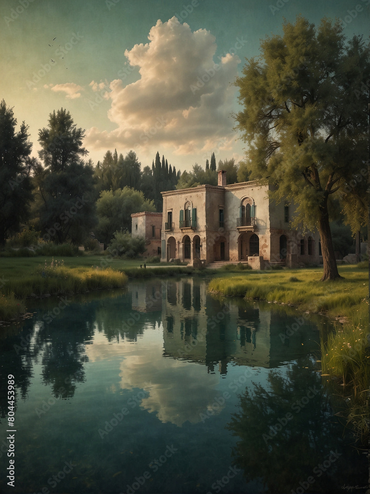 Fototapeta premium Tranquil Lakeside Retreat with Roof House at Sunset