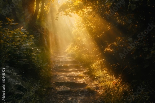 Serene forest path with ethereal sunlight and lush foliage