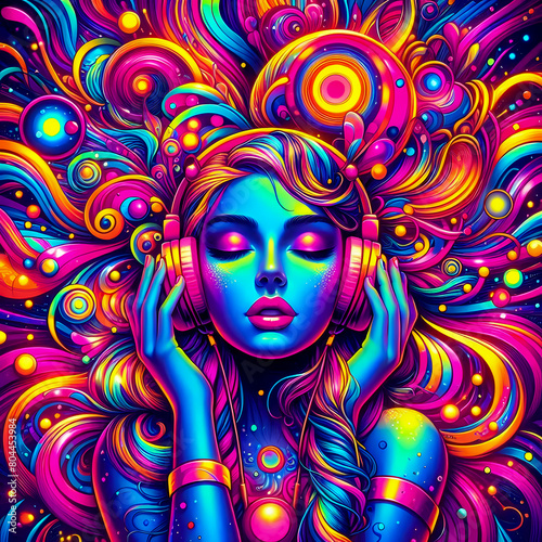 Digital art vibrant colorful psychedelic beautiful woman with headphones vibin to music