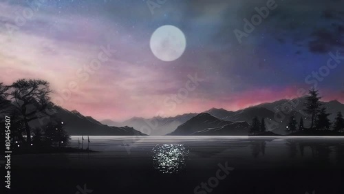 night landscape with super moon, silhouette of trees, mountain, and water reflection seamless looping footage