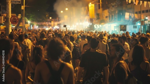 A large group of individuals gathered on a city street at night, standing and chatting amongst themselves.
