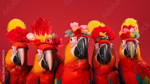 Flock of parrots in vibrant ruffled collars and hats, on a bright red background, suitable for a cheerful birthday invitation, with copy space and advert lighting photo