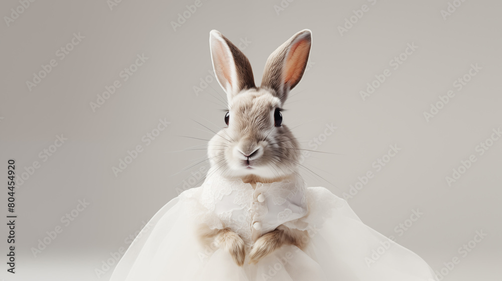 Obraz premium Rabbit in a wedding dress, pure and simple elegance, on a solid white background