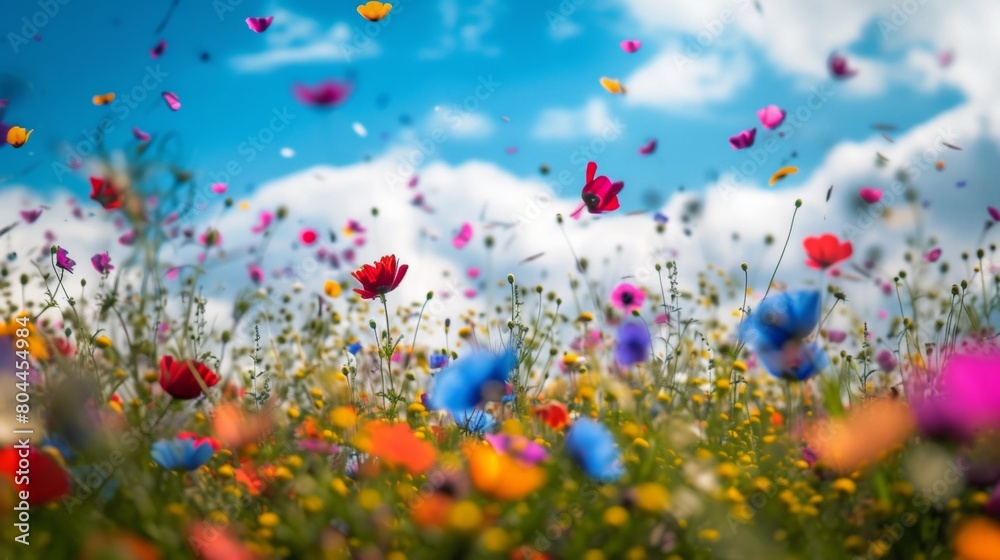 Spring field with wild flowers and pollen flying in air in allergic season. Spring field with wild flowers and pollen flying in air in allergic season.