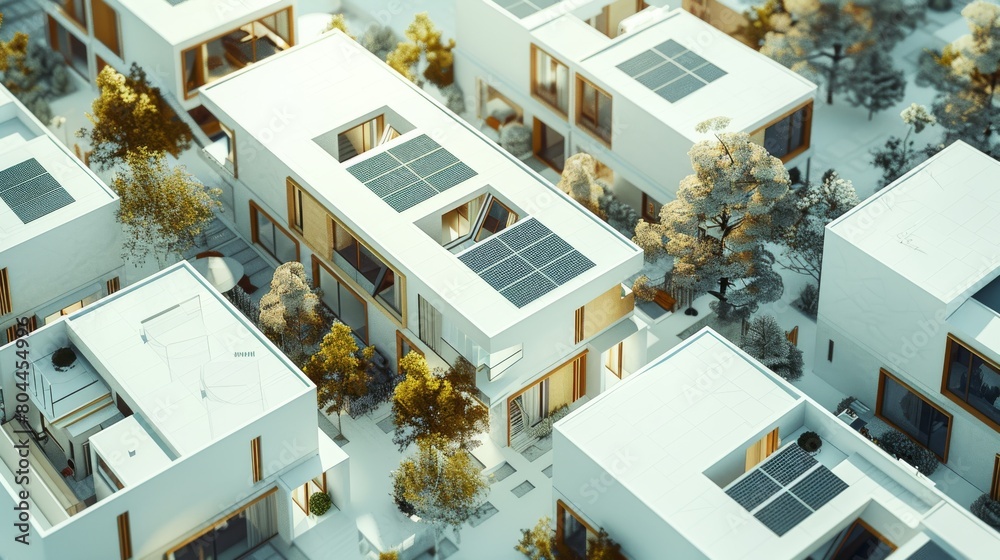 An aerial view of a modern housing development, each house with unique ...