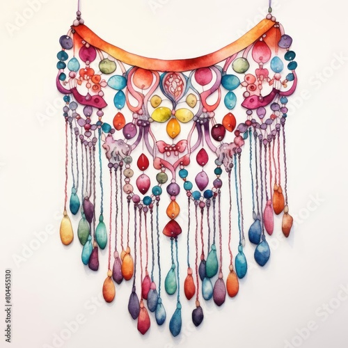 A bohoinspired macrame piece with flowing tassels and interspersed colorful beads, capturing a freespirited vibe, watercolor style on a white background, cartoon photo