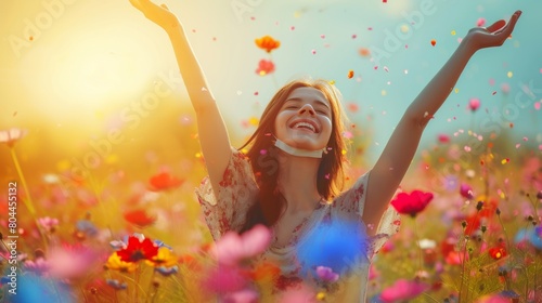 A smiling female enjoy outdoors in spring field with plant flower grass in allergy season